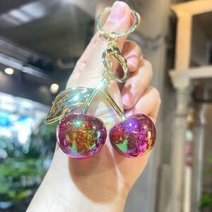 Red Glitter Cherry Keychain with Gold Stem